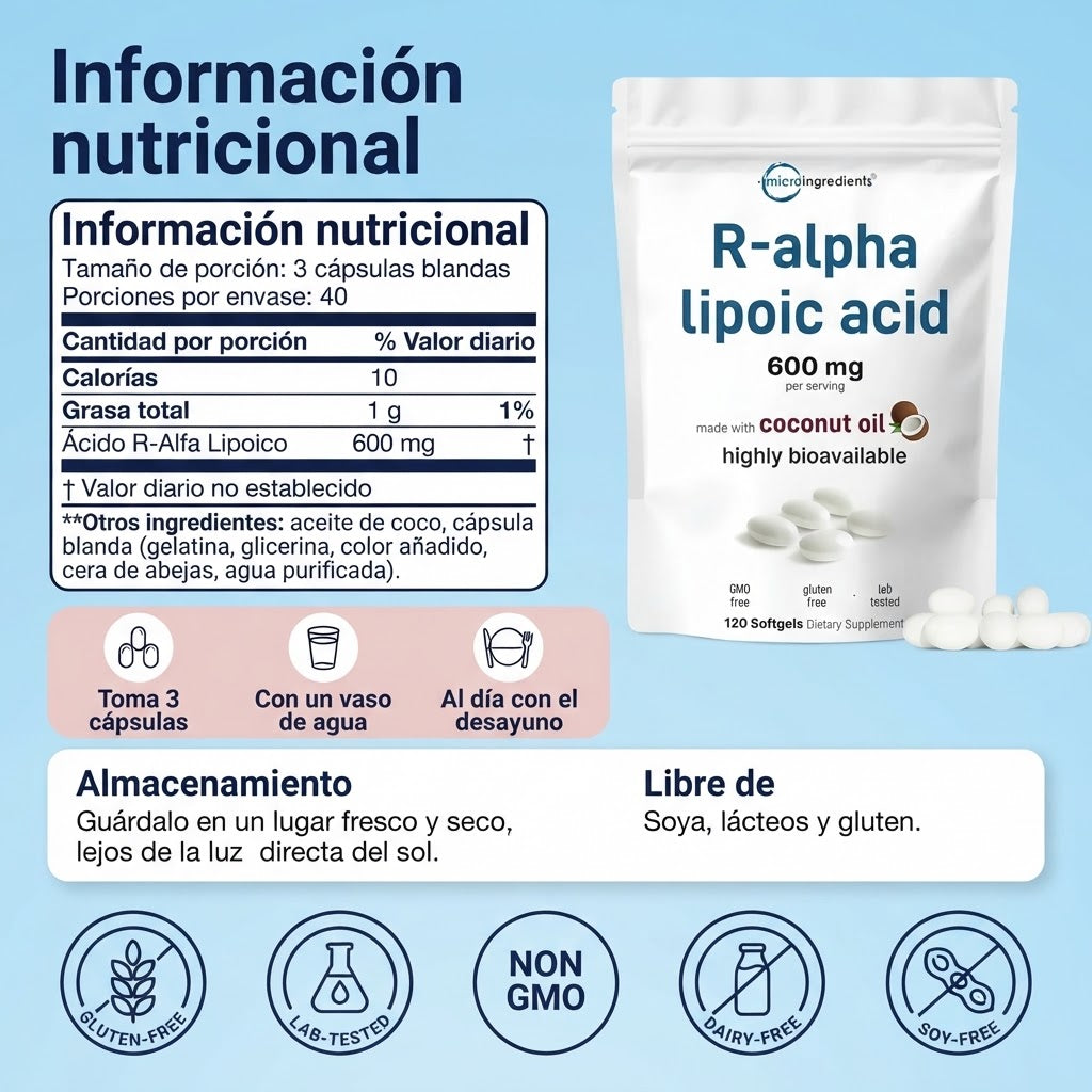 Ácido R-Alfa Lipoico 600 mg con aceite de coco